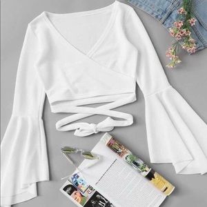 Shein White Tie Crop Top with Bell Sleeves